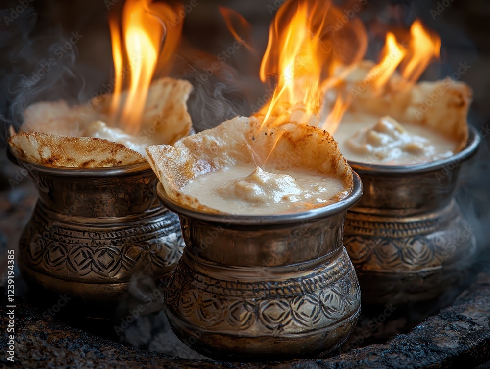 A close-up of glowing rawa dosa being cooked on a hot griddle, served with coconut chutney and hot sambar in small steel bowls. The crispy golden dosa contrasts with the smooth white chutney A close-up of glowing rawa dosa being cooked on a hot griddle, served with coconut chutney and hot sambar in small steel bowls. The crispy golden dosa contrasts with the smooth white chutney