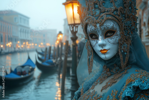  Photo d'une soirée brumeuse à Venise pendant le carnaval, avec des figures masquées mystérieuses en costumes baroques, gens, personnes, costumes vénitiens, mascarade, traditionnel