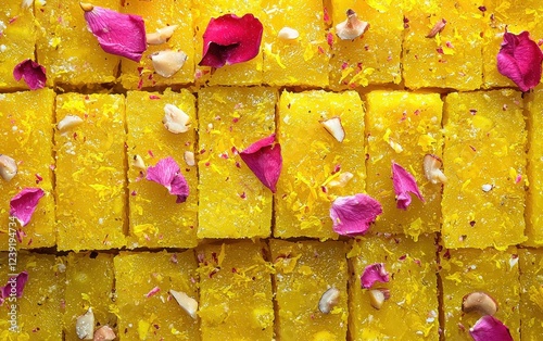 A close-up of glowing shahi tukda, with crispy fried bread slices soaked in saffron-infused milk, garnished with chopped nuts and rose petals. The glossy texture adds richness to the festive  photo