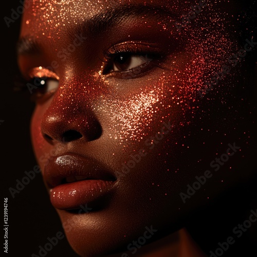Model with melanin-rich skin in glitter makeup