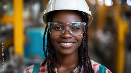 Smiling female engineer in safety gear at industrial facility