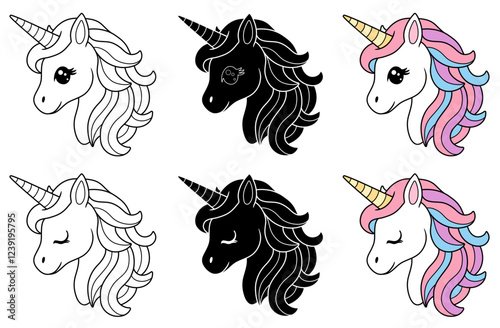 Cute Cartoon Unicorn Face Clipart, Side Profile with Eyes Open and Closed - Outline, Silhouette and Color