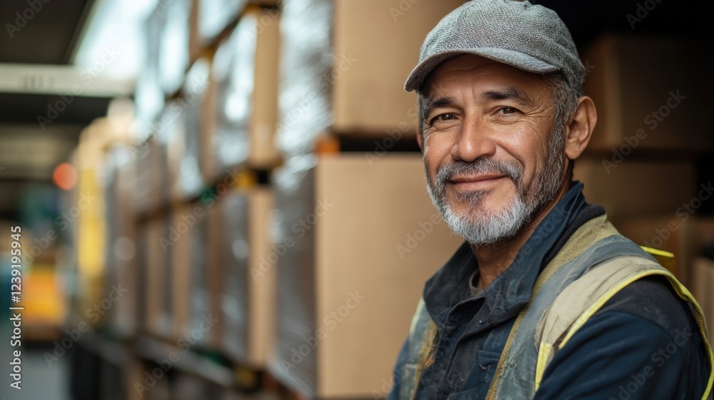 Smiling middle-aged man in warehouse with boxes and cap Smiling middle-aged man in warehouse with boxes and cap