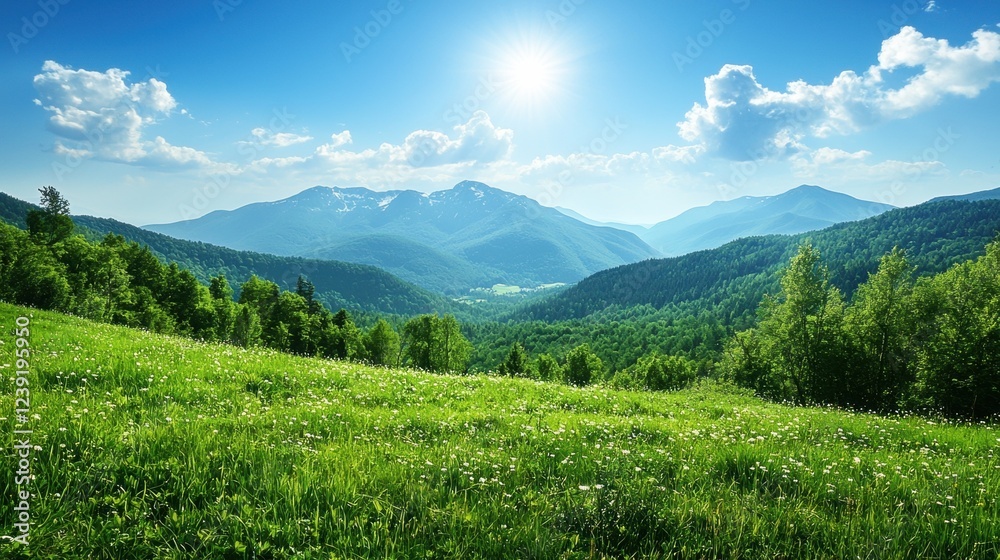 Obraz premium Sunlit mountain range with verdant valley under clear blue sky
