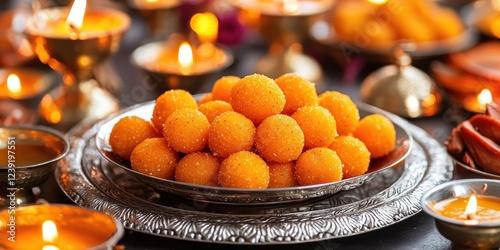 A detailed macro shot of glowing motichoor laddoos, with tiny gram flour pearls glistening under warm light, arranged on a silver tray. The vibrant orange hue enhances the festive mood  photo