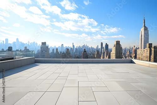 Beautiful, empty rooftop with a view of the New York City skyline on a sunny day, with a white stone floor.