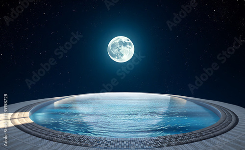 A forever pool that is round. Bright blue water, translucent above the pool for anything imaginable. 