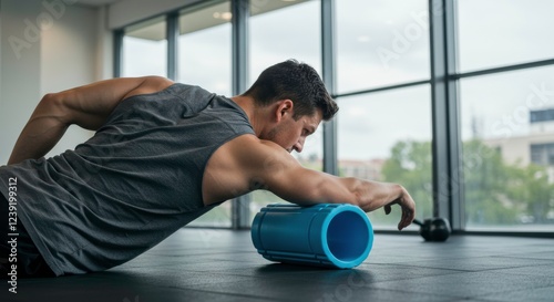 Foam Roller Recovery: A muscular man utilizes a foam roller in a gym setting, suggesting self-massage and recovery with a fitness approach.