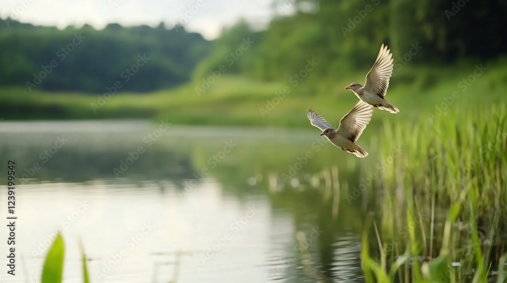 Obraz premium Two birds flying over calm lake, green forest background; nature scene