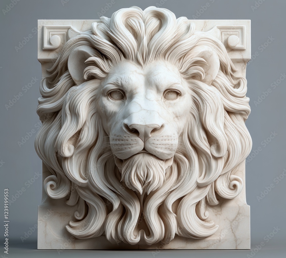 Obraz premium Marble Lion Head Sculpture Classical Realism Antique Artwork Fierce Expression