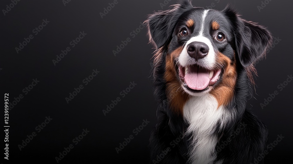 Happy Bernese Mountain Dog portrait, dark background, pet photography