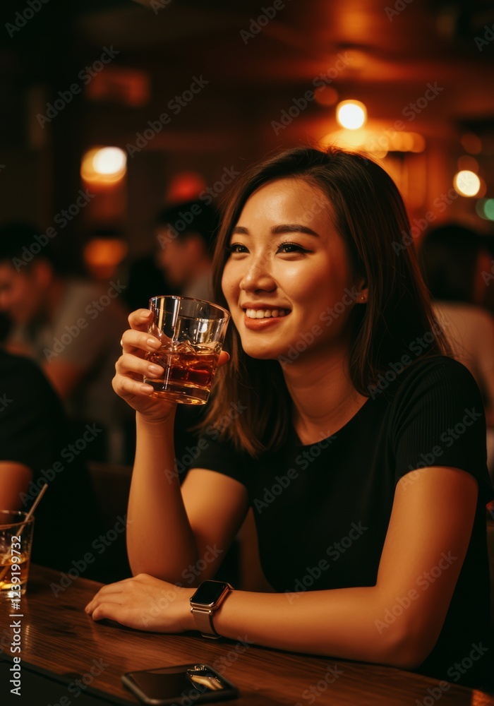 Elegant woman smiling while enjoying a drink at a dimly lit bar, happy and relaxed mood Elegant woman smiling while enjoying a drink at a dimly lit bar, happy and relaxed mood
