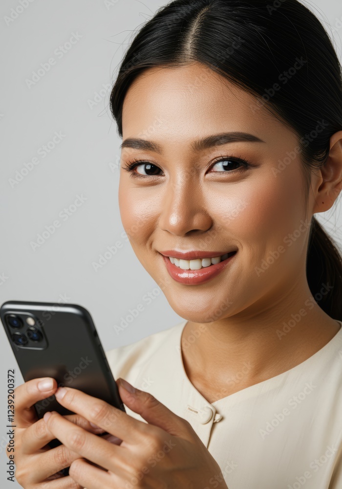 Close-up of smiling Asian woman looking at her mobile phone, against a neutral background Close-up of smiling Asian woman looking at her mobile phone, against a neutral background