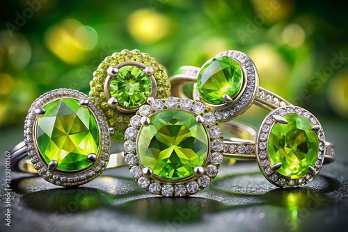 Shimmering Panoramic View of a Collection of Green Peridot Diamond Rings photo