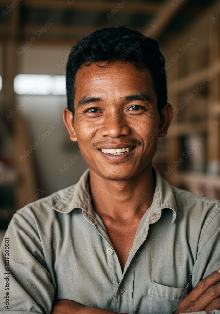 Fototapeta premium Portrait of happy carpenter with arms crossed, in a wood workshop, looking at the camera