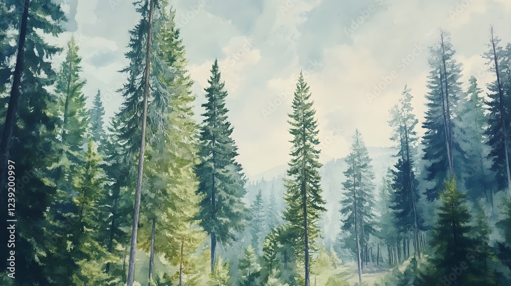 Fototapeta premium Serene Watercolor Painting Of A Majestic Evergreen Forest