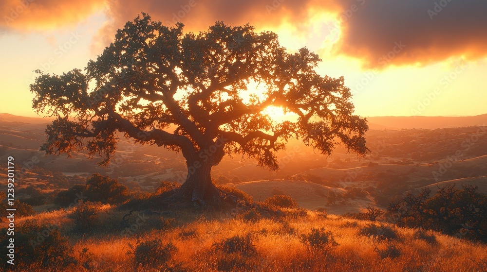 Fototapeta premium Golden Hour Majesty: Oak Tree Sunset Panorama