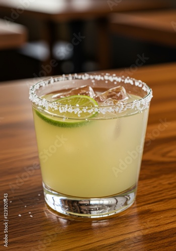 Wallpaper Mural Refreshing margarita with lime and salt rim on a wooden table top, ready to drink Torontodigital.ca