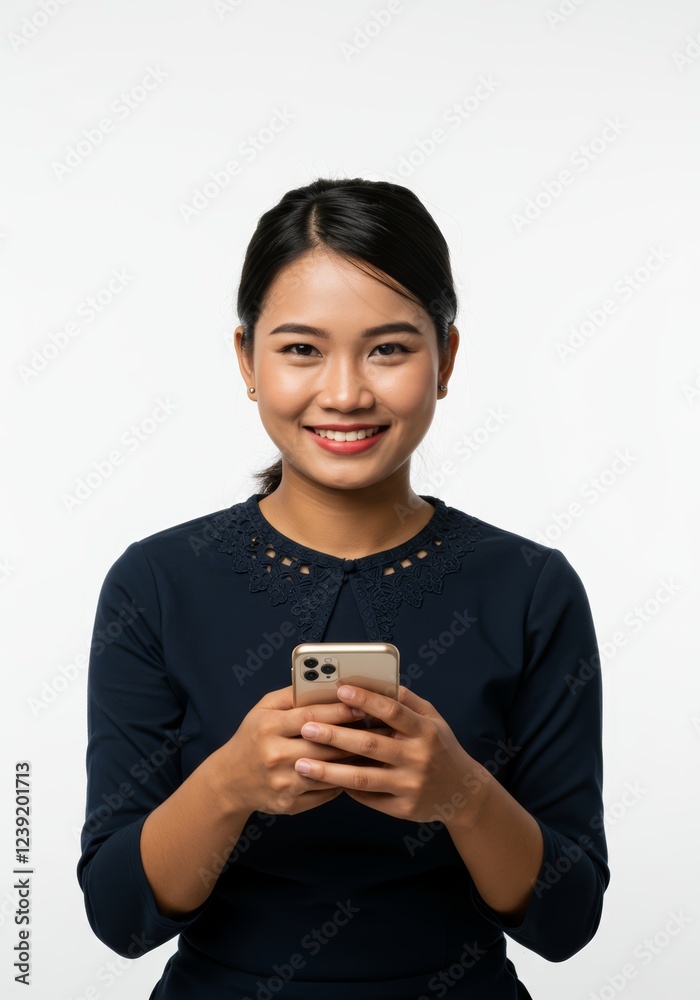Portrait of an Asian woman smiling while holding a mobile device, against white background Portrait of an Asian woman smiling while holding a mobile device, against white background