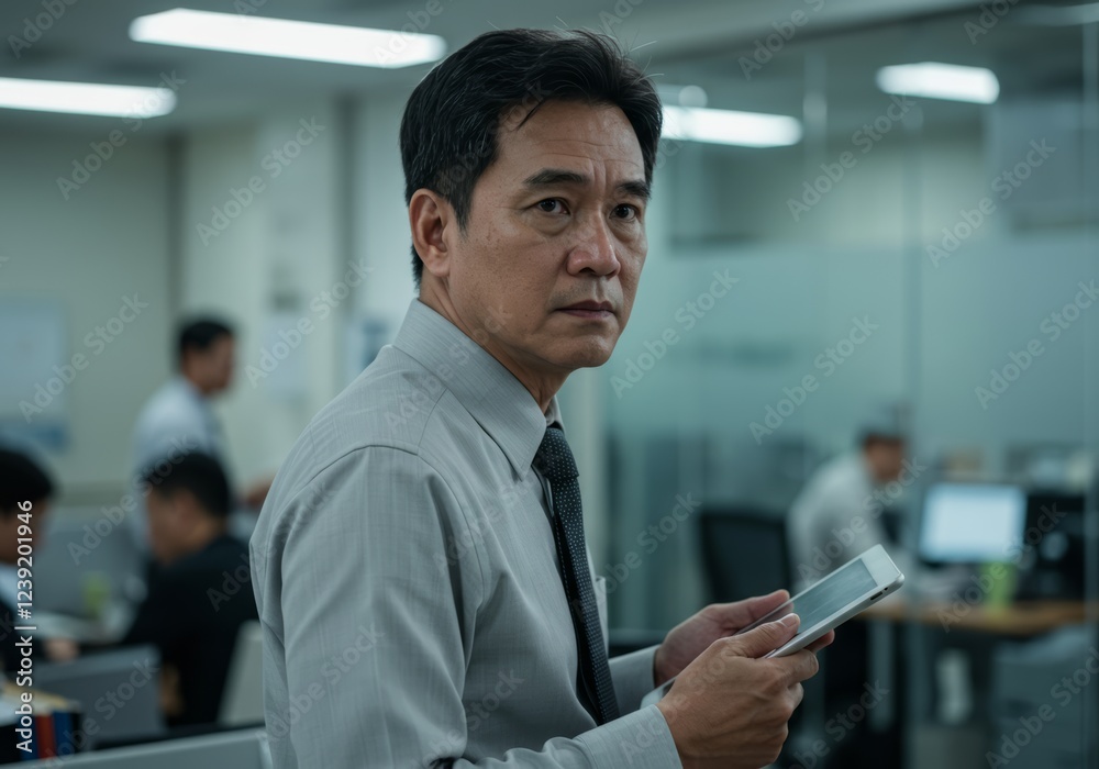 Fototapeta premium Asian businessman thoughtfully holding tablet in modern office with focused expression