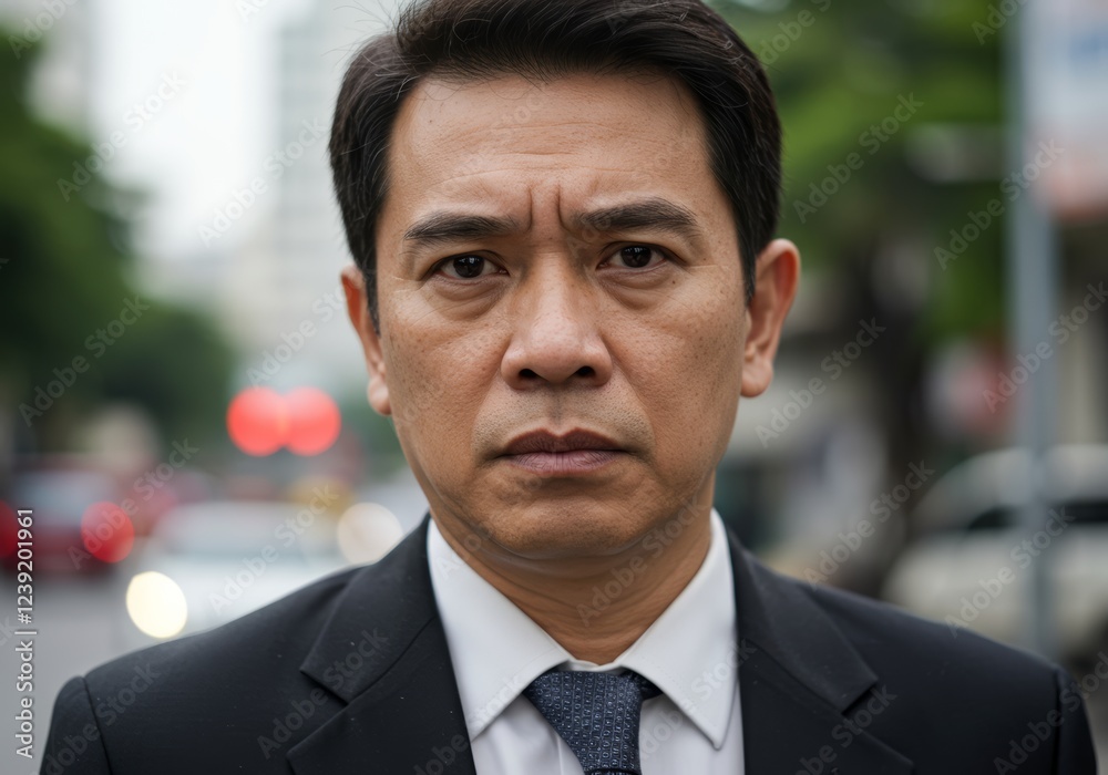 Intense Asian Businessman with Stern Gaze in City Street, Close-Up View, Confident Intense Asian Businessman with Stern Gaze in City Street, Close-Up View, Confident