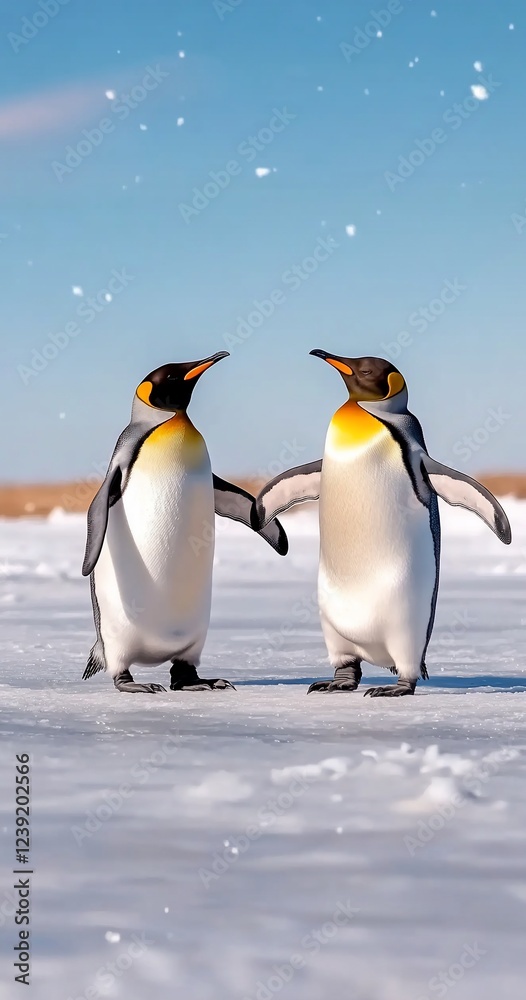 Obraz premium Two penguins dancing on ice, snowy background, wildlife scene, perfect for greeting cards