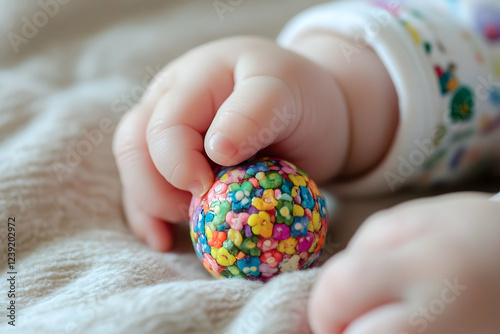 Babya??s Delicate Grip on Vibrant Rattle Symbolizing Innocence photo