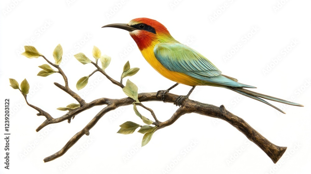 Colorful bird perched on branch, white background, nature artwork, ideal for illustration Colorful bird perched on branch, white background, nature artwork, ideal for illustration