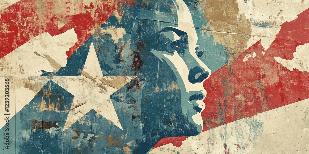 Naklejka premium Patriotic Woman Profile Against Distressed Flag Background