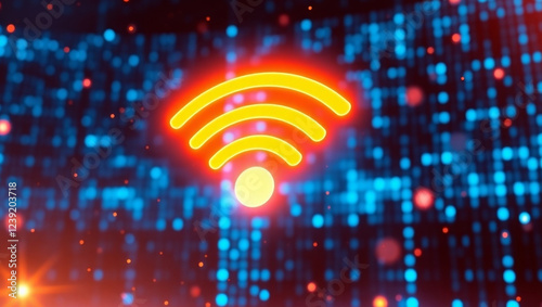 A glowing orange Wi-Fi symbol with digital grid of vibrant blue light background. Wireless wi-fi network technological, digital world technology concept.