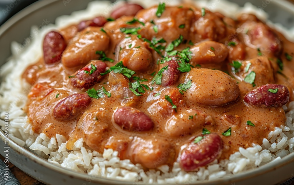 A macro shot of glowing rajma chawal, with red kidney beans cooked in a thick gravy, served over steaming hot rice. The glossy surface of the curry makes it look freshly prepared A macro shot of glowing rajma chawal, with red kidney beans cooked in a thick gravy, served over steaming hot rice. The glossy surface of the curry makes it look freshly prepared