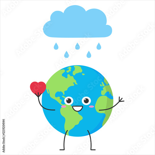 Earth cute character cartoon planet like rain heart funny happy smile vector illustration.vector illustration.