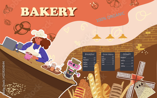 Collage, banner, background, fresh bakery, hand drawn vector illustration. Man character tossing pizza dough.