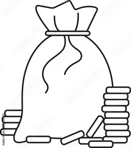 St. Patrick's Day, a full bag of gold coins, black and white vector linear icon isolated on a white transparent background