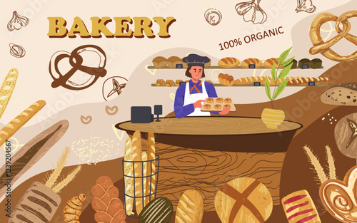 Collage, banner, background, fresh bakery, hand drawn vector illustration. Man character tossing pizza dough.