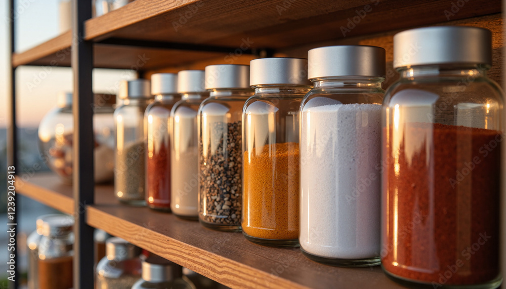 Modern spice jars organized on pantry shelf at dusk, minimalist design Modern spice jars organized on pantry shelf at dusk, minimalist design
