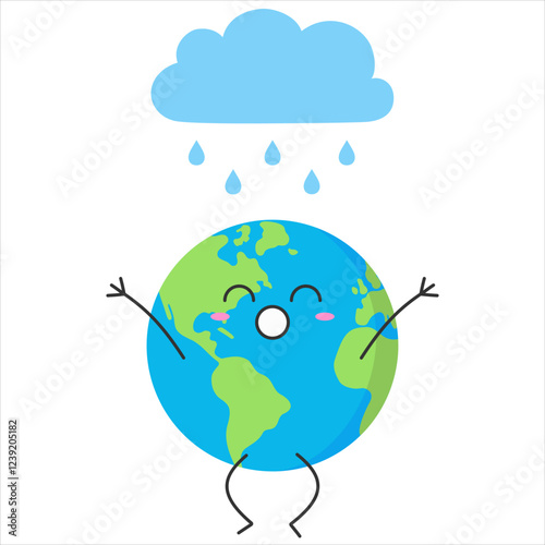 Earth cute character cartoon planet rejoices in the rain jump happy smile vector illustration.