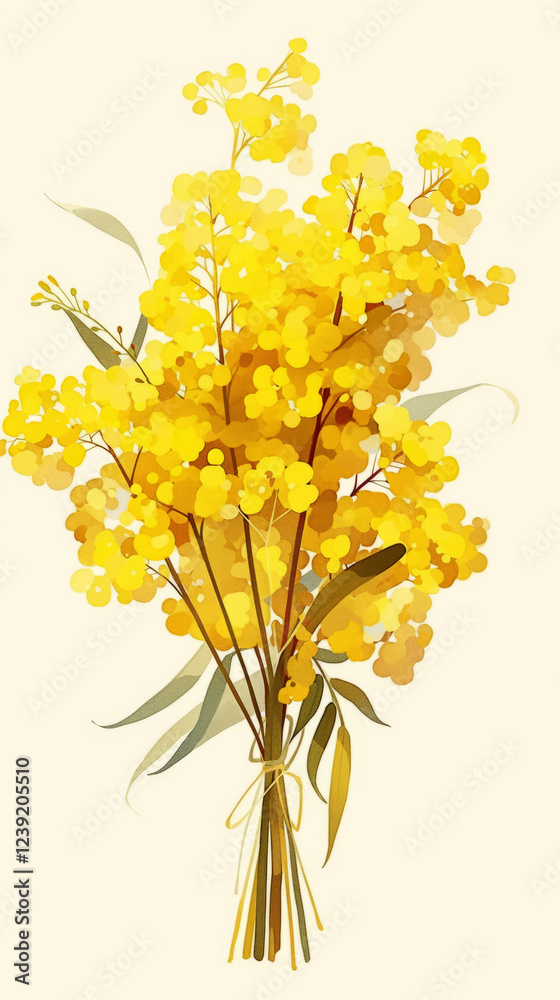 Fototapeta premium Botanical view of mimosa blossoms, featuring soft yellow flowers against fresh green foliage, detailed with natural sunlight enhancing their radiant and airy appearance