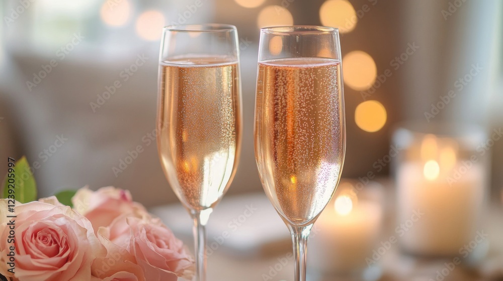 Two Glasses of Sparkling Ros? Champagne with Pink Roses and Candles Two Glasses of Sparkling Ros? Champagne with Pink Roses and Candles