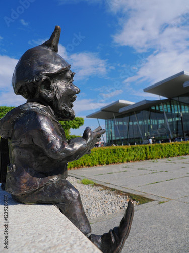 2024-07-08; sitting gnome against the background of the Wroclaw airport terminal Poland photo