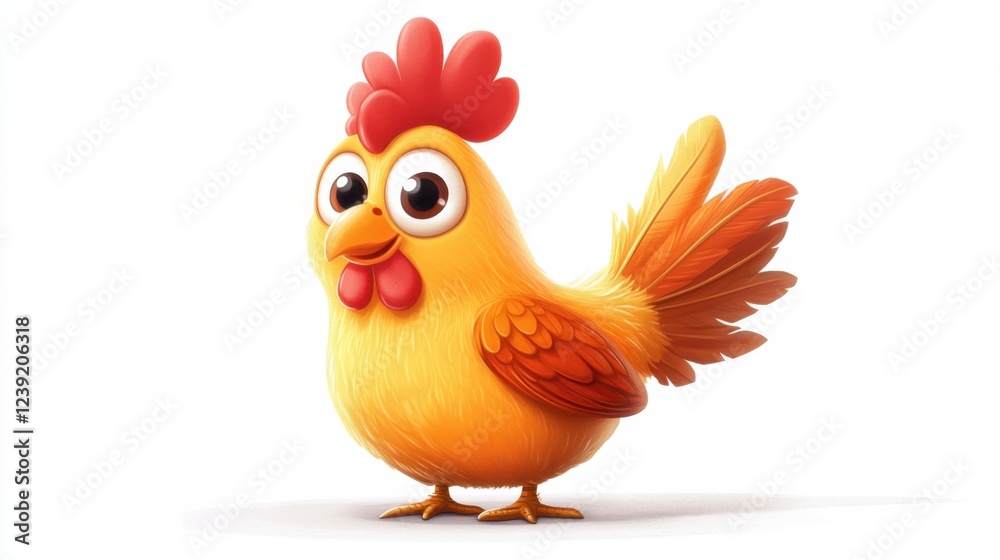 Cartoon yellow chicken with red crest and bright eyes on white background Cartoon yellow chicken with red crest and bright eyes on white background