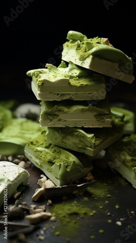 White and green handmade chocolate pieces isolated on black background