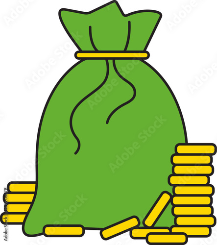 St. Patrick's Day, a full bag of gold coins, retro vintage style, vector flat icon isolated on a white transparent background