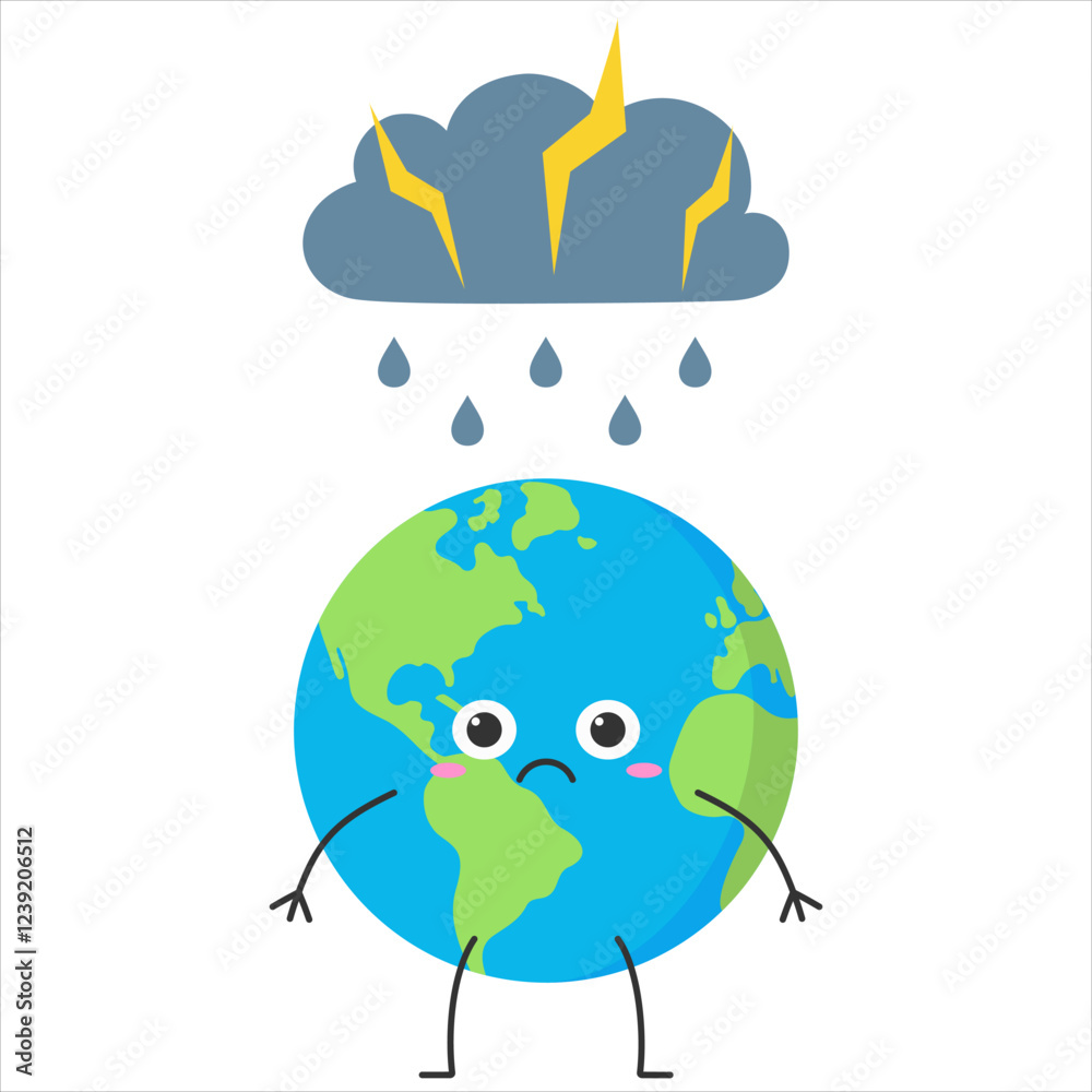 Fototapeta premium Earth cute character cartoon planet sad face emotion thunderstorm rain vector illustration.
