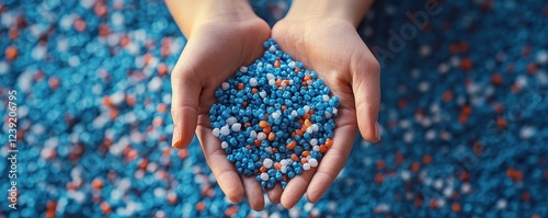 Hands holding blue and multicolor plastic granules