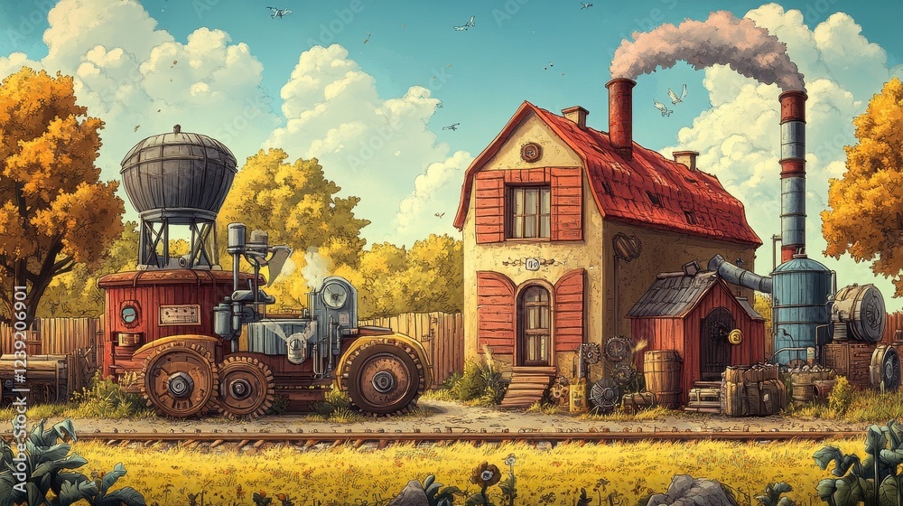 Obraz premium Autumnal Scene with Steampunk Vehicle and Factory