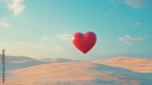 Red Heart Floating Above a Sandy Desert at Sunset