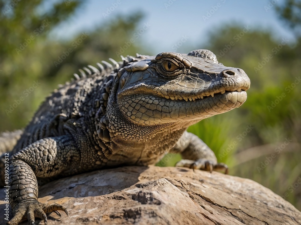 Obraz premium Endangered Texas Alligator Lizard Close-Up in Serene Freshwater Habitat