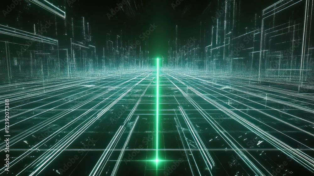 Futuristic digital grid lines glow in perspective, with a light ray in center for tech backgrounds Futuristic digital grid lines glow in perspective, with a light ray in center for tech backgrounds