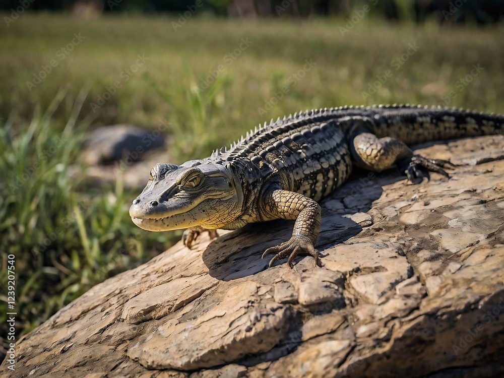 Fototapeta premium Sunbathing Texas Alligator Lizard in Natural Habitat with Detailed Scales and Vibrant Colors